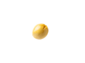 Delicious green olives isolated on white background. Olive and olive tree branches on a white table. Delicacy.