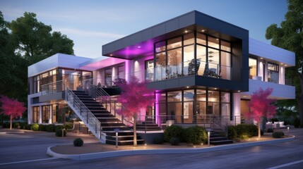 A modern house with a staircase leading up to the second floor. Generative AI image.