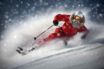 christmas skier santa mountain ski holiday snowboarder sport snow winter. Generative AI.