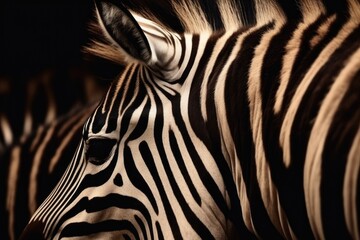 Fototapeta na wymiar Background of natural zebra skin. Close up intricate pattern of lines on the skin of a zebra. Ai generative.