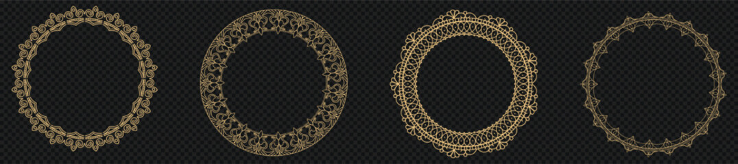 Ornate golden round frame. Circle rings with ornament in oriental tracery