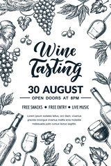 Wine tasting poster banner. Vector sketch illustration of wine bottle, glasses, grape. Winery shop package design - 621885342