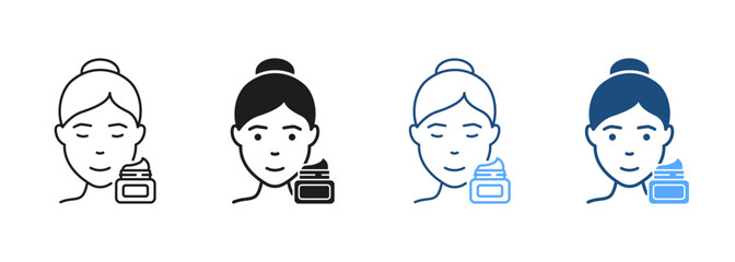 Moisturizing Cream for Skin Line and Silhouette Icon Set. Use Sunscreen Symbol Collection. Woman Use Daily or Night Cream, Gel, Foam, Mousse or Soap Pictogram. Isolated Vector Illustration