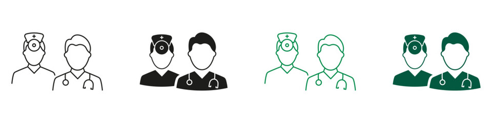 Doctor and Man Nurse Team Line and Silhouette Icons. Healthcare Professional Hospital Staff Symbol Collection. Male Medical Specialists Group Pictogram Set. Isolated Vector Illustration