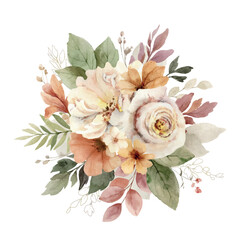 Autumn vector watercolor arrangement with flowers and leaves.