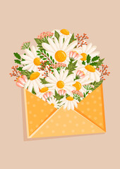 Vector bouquet of daisies and other field plants inside an envelope. Floral illustration with chamomile for greeting card, poster, invitation, decor etc. Flowers for spring and summer holidays.