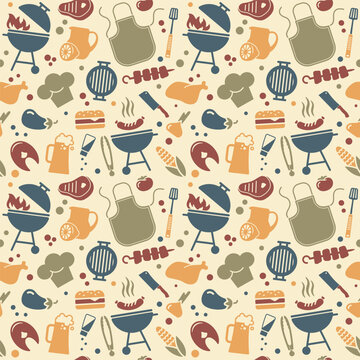 BBQ barbecue and grill related flat vector background. Seamless pattern