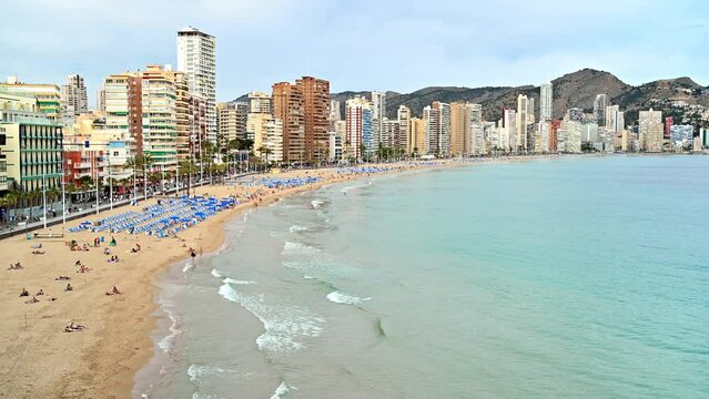 Panoramic view of waterline, beach and city of Benidorm, Spain