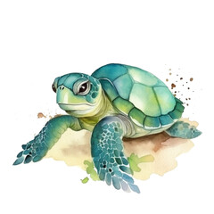 Watercolor Happy Green Turtle With A Shell, Generative AI