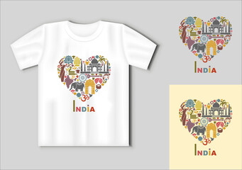 Symbols of India in the form of heart. Travel concept with t-shirt mockup