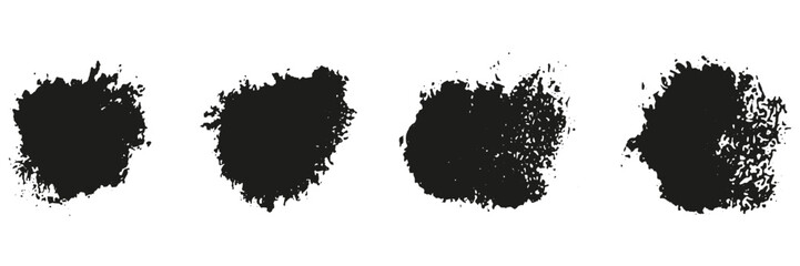 Ink Splatter Set. Paint Brush Spatter. Stain Texture Collection. Splash Abstract Design Element. Dirty Black Blot, Liquid Blob, Messy Inkblot. Splat Grunge. Isolated Vector Illustration