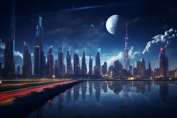 Starlit Futuristic Cityscape: AI Generated Hyper-realism