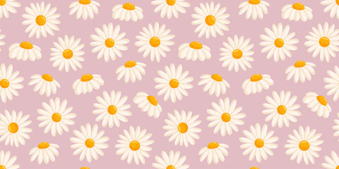 Seamless pattern with blooming daisies. Chamomile vector floral illustration for postcard, poster, fabric, wrapping paper, decor etc. Flowers for spring and summer holidays.