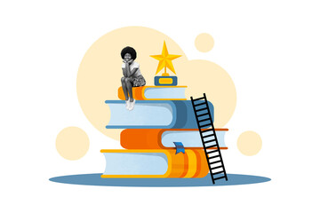 Collage photo of cute smart student university young lady sitting pile books climb ladder golden star prize isolated on white background