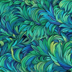 Seamless Pattern with green feathers. AI illustration. For wallpaper, background, wrapping paper, textile etc..