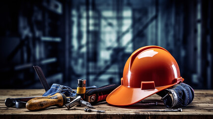 a hardhat with construction tools, such as a hammer, screwdriver, AI-Generated