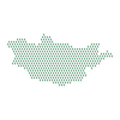 Map of the country of Mongolia with green half moon icons texture on a white background