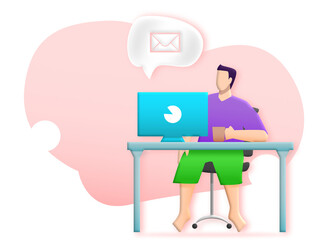 Man sitting play computer and thinking to send mail messages on isolated background. Communication people contact social media.  Illustration 3D for content conversation via online network technology 