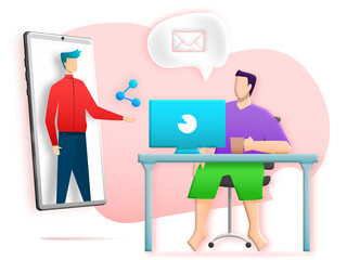 Man sitting play computer and speak about to mail his friend on isolated background. Communication People via technology. Illustration 3D conversation online network, businessmen contact work mobile 