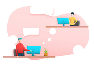 Men playing computer and speaking with icon speech bubble on isolated background. Communication People via technology. Illustration 3D conversation online network, businessmen contact work mobile