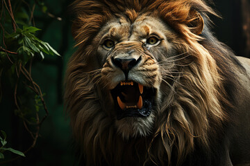Naklejka premium Roar of the King. A majestic lion roaring with pride, isolated on a solid green background. Regal power and majesty concept. AI Generative