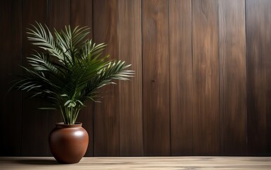 Two potted plants sitting on a wooden table. AI