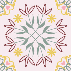 Beautiful seamless pattern with watercolor hand drawn floral dutch style tiles . Stock illustration.