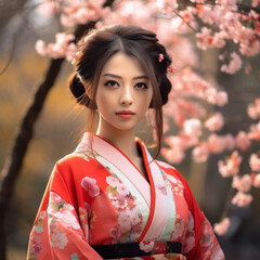 Fototapeta premium Generative ai. Asian girl traditional kimono and cherry garden
