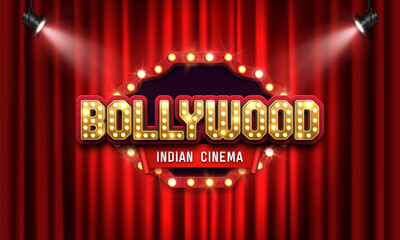 Bollywood indian cinema. Movie banner or poster on red curtain background illuminated by spotlights. Vector illustration.