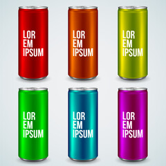 Aluminum can isolated on light background. Realistic metallic can for beer, soda, lemonade, juice, energy drink. Vector template for your design.