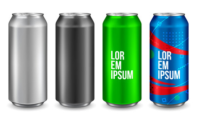 Aluminum can isolated on white background. Realistic metallic can for beer, soda, lemonade, juice, energy drink. Vector template for your design.