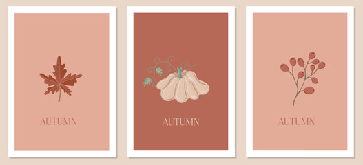 Trendy minimalist templates with leaf, berry and pumpkin. Good for poster, card, invitation, flyer and other graphic design. Harvest and Thanksgiving concept. Autumn vector illustration