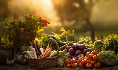 Fresh fruits and vegetables in a row in the garden,Fresh healthy bio fruits and vegetables on...