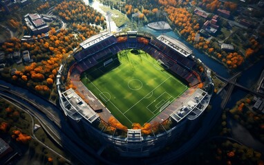 An aerial view of a soccer stadium in the middle of a city. AI