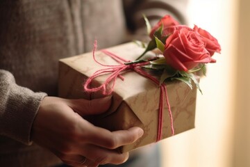 An image portraying a person surprising their loved one with a romantic gesture, such as presenting a bouquet of roses, planning a surprise outing, or preparing a thoughtful gift. Generative Ai