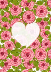 Seamless pattern for postcard and poster with blooming roses. Vector floral illustration for congratulations or decor etc. Festive template with hearts, you can add text.