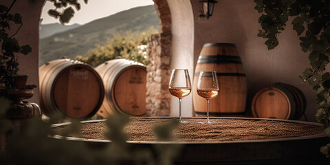 Glasses of white wine on background of wooden oak barrels in winery
