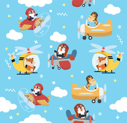 Kid pilot animal flying air plane seamless pattern © focus_bell