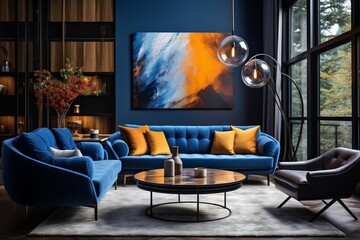 A living room filled with furniture and a painting on the wall. AI
