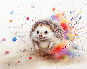 Fototapeta na wymiar fluidity and unpredictability of watercolors by creating a dynamic and energetic Hedgehog print. bold brushstrokes and splashes of color to depict the Hedgehog movement and power