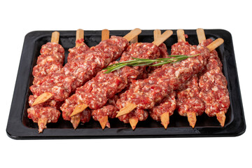 Adana kebab. Turkish raw adana kebab isolated on white background. Turkish cuisine delicacies