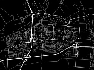 Vector road map of the city of  Hoogeveen in the Netherlands with white roads on a black background.