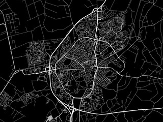 Vector road map of the city of  Assen in the Netherlands with white roads on a black background.