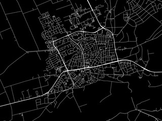 Vector road map of the city of  Wageningen in the Netherlands with white roads on a black background.