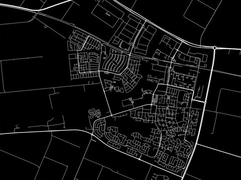 Vector road map of the city of  Dronten in the Netherlands with white roads on a black background.