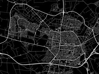 Vector road map of the city of  Tilburg in the Netherlands with white roads on a black background.
