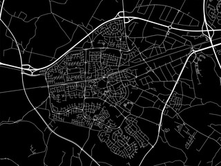 Vector road map of the city of  Wijchen in the Netherlands with white roads on a black background.