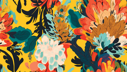Hand drawn trendy mixed ethnic style print. Dynamic bright abstract botanical illustration. Fashionable template for design.
