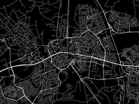 Vector road map of the city of  Helmond in the Netherlands with white roads on a black background.
