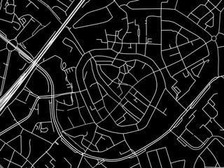 Vector road map of the city of  Amersfoort Centrum in the Netherlands with white roads on a black background.
